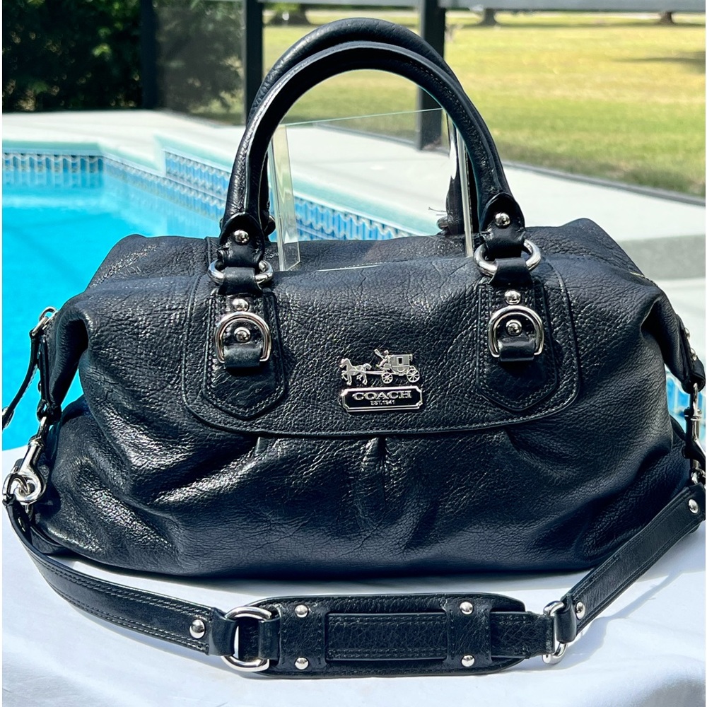 COACH Black Leather with Silver Trim Satchel with Detachable Shoulder Strap. EUC